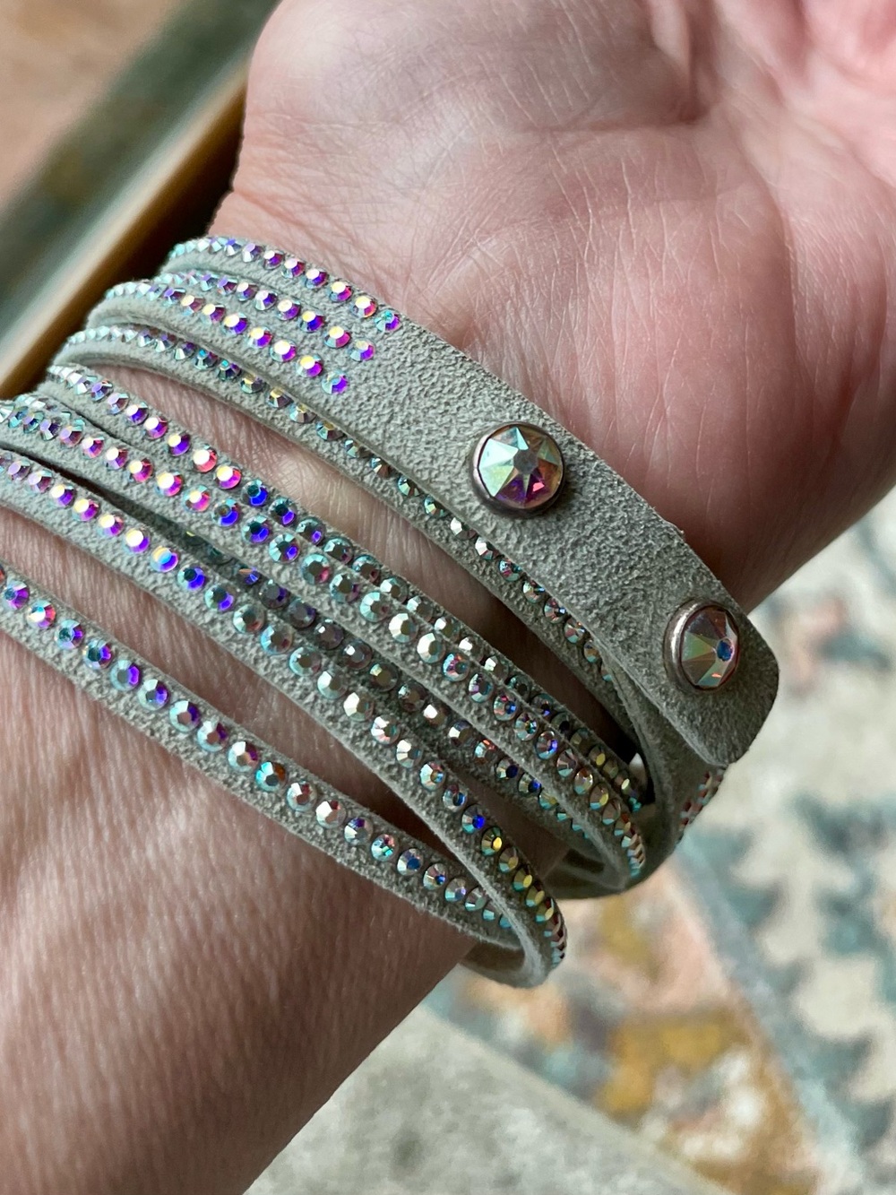 Touchstone Iridescent Rhinestone Multi-Wrap Suede Bracelet in Light Gray